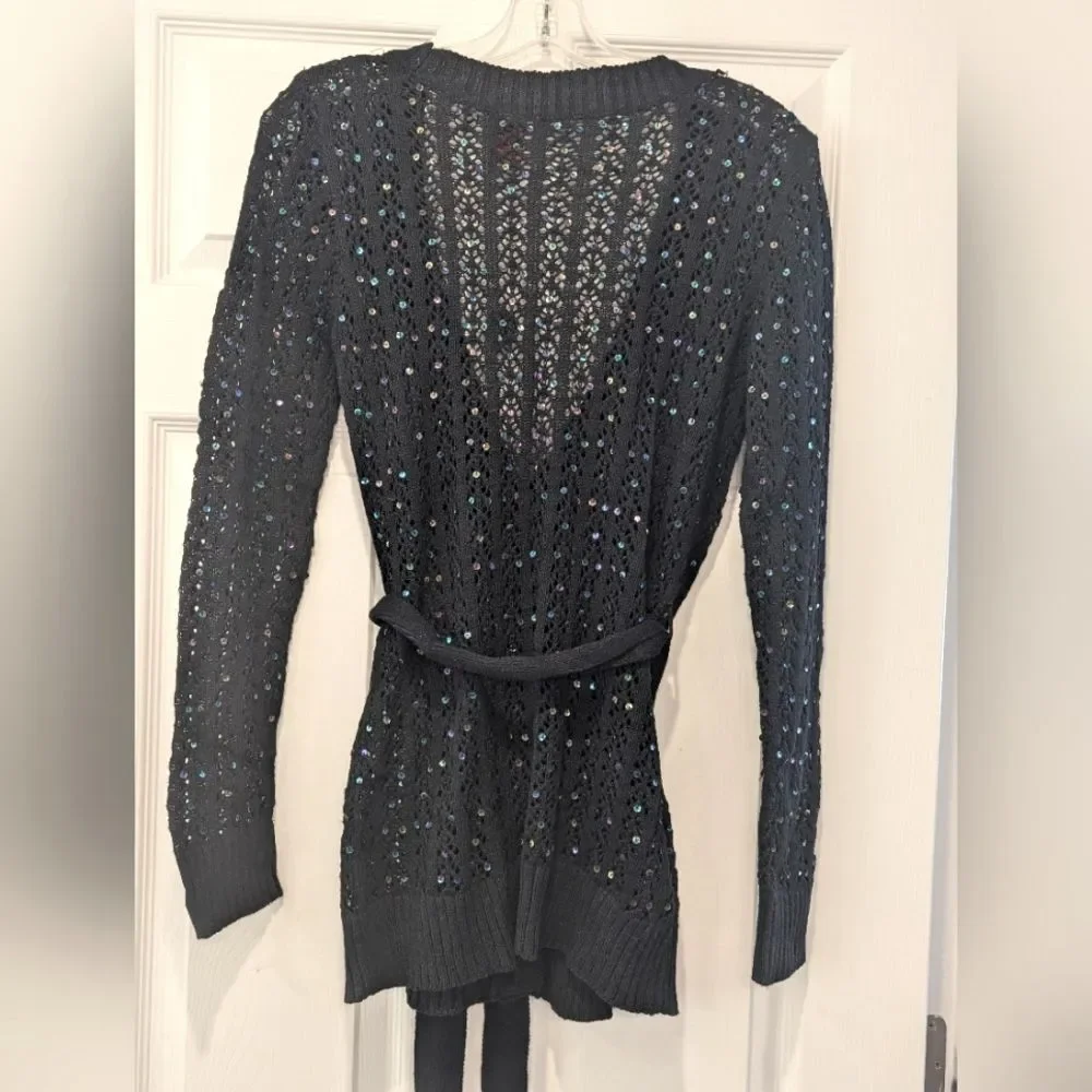 New Black Long Cable Knit Button Belted Cardigan Sweater Sequins Crochet Size M